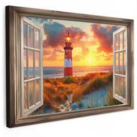 LEINWANDBILD Aussicht - Fenster - Leuchtturm - Sonnenuntergang - Strand Gemälde 60x40 cm - Dunkelorange, Textil (60/40cm) - MuchoWow