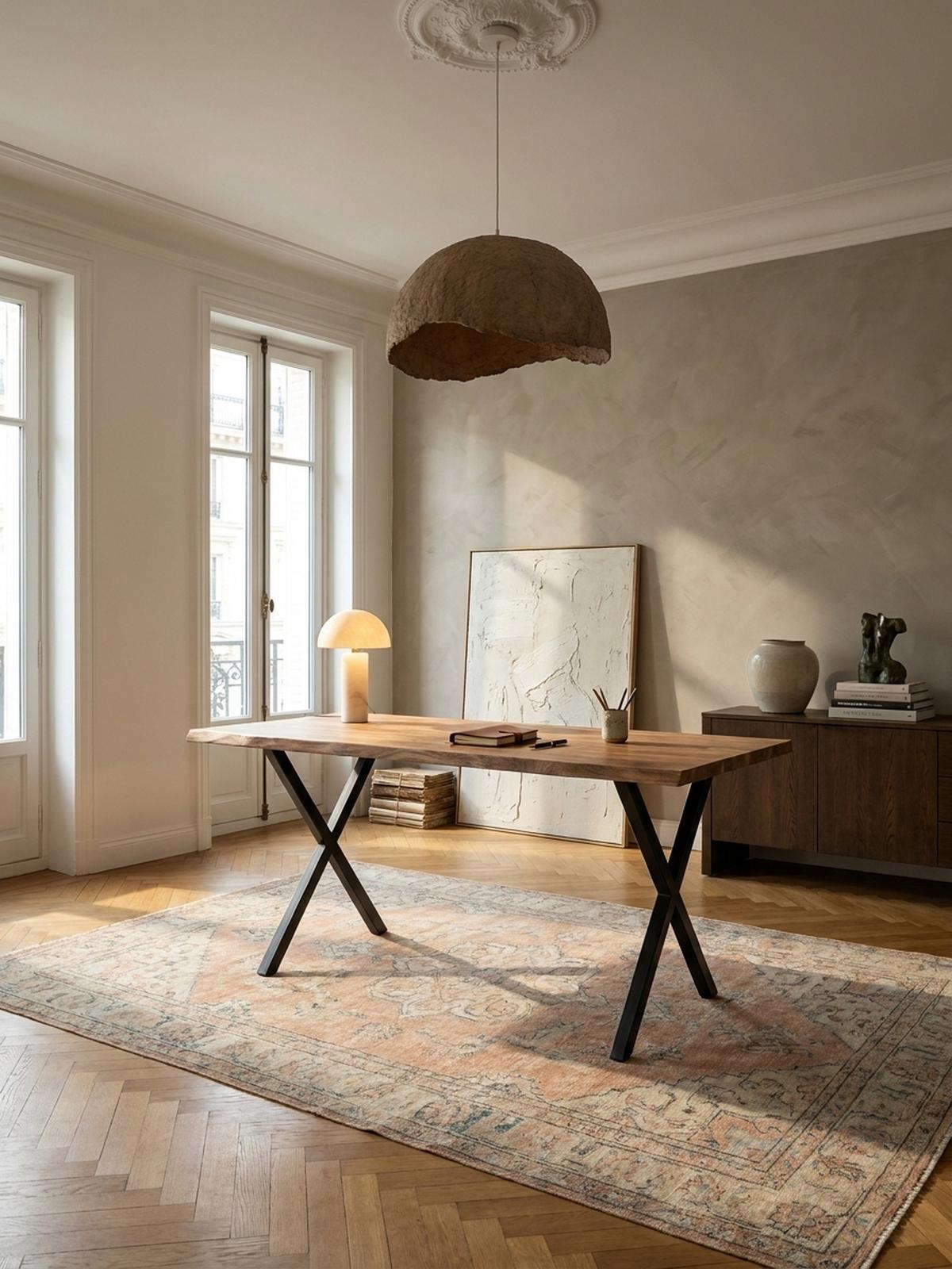 SCHREIBTISCH Massivholz X-Gestell Baumkante Handgefertigt KRETA, Goldbraun-Schwarz 200x100x76 cm - Schwarz/Braun, Holz/Metall (100/200/76cm) - KADIMA DESIGN