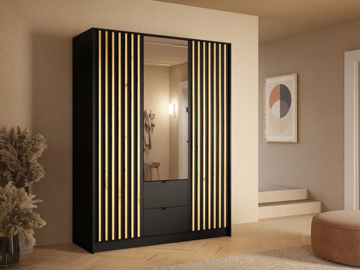 DREHTÜRENSCHRANK SATREN 150,8/200,5/54,5cm 3-türig mit Spiegel Schwarz - Schwarz/Eiche Artisan, Holzwerkstoff (150.8/200.5/54.5cm) - MASSENO
