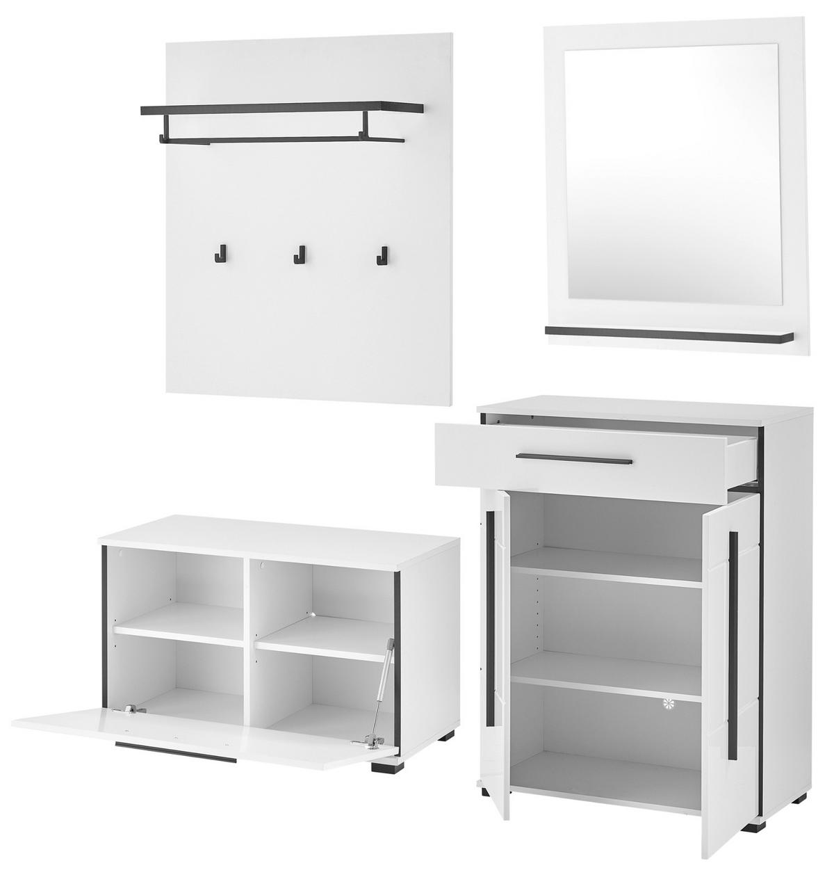 GARDEROBEN-SET weiß Hochglanz 5-teilig 170 cm, Flurgarderobe mit Soft-Close - Dunkelgrau/Weiß Hochglanz, Glas/Holzwerkstoff (170/200/40cm) - Furn.Design