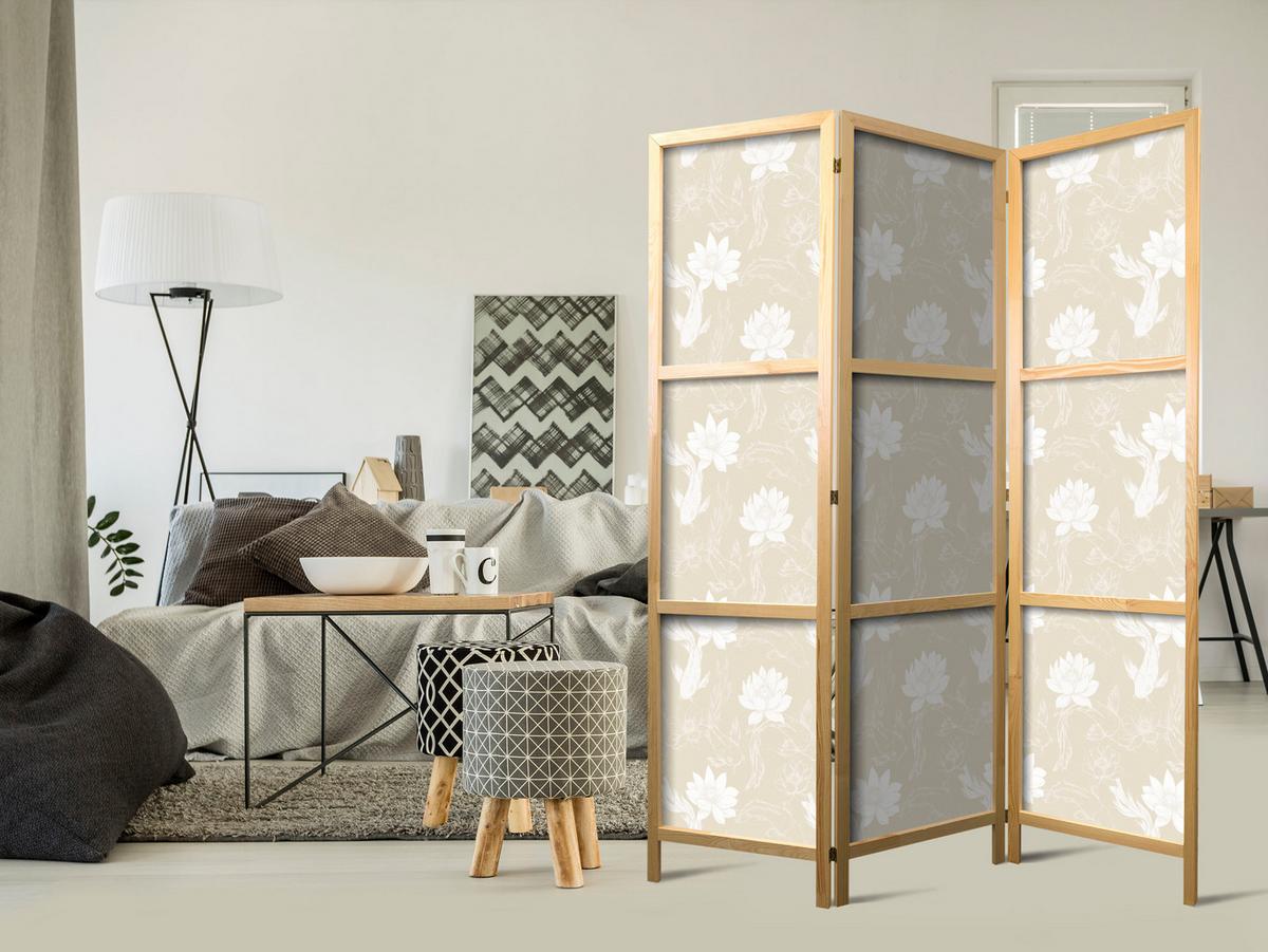 PARAVENT Japanischer 3-tlg 135x172 cm Fische und Blumen - Beige, Holz/Textil (135/172/3cm) - Muralo