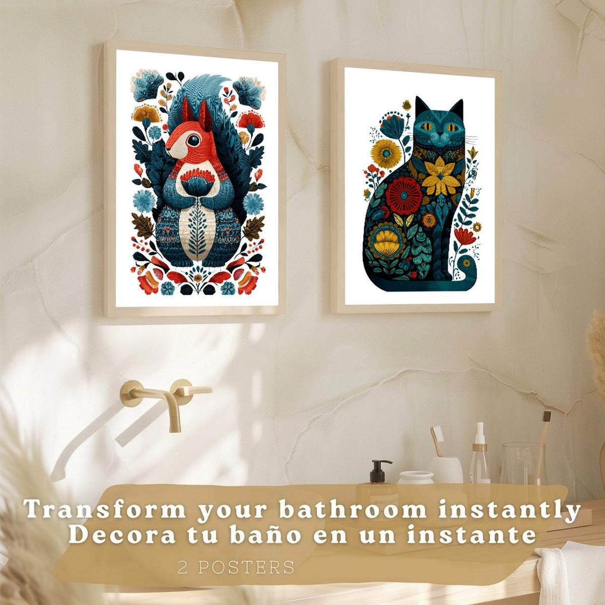 POSTER 2er-Set moderne Kunstdrucke im Folk-Stil, Katzen- und Eichhörnchen-Dekorationsbilder, farbenfrohe Blumenposter für Wohnzimmer Rahmenlos A3 - Klar, Papier (42/29.7/3cm) - Nacnic