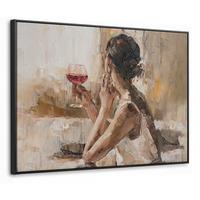 LEINWAND Bilder mit Rahmen - Ölgemälde - Frau - Wein - 100x70 - Hellbraun, Textil (100/70cm) - MuchoWow