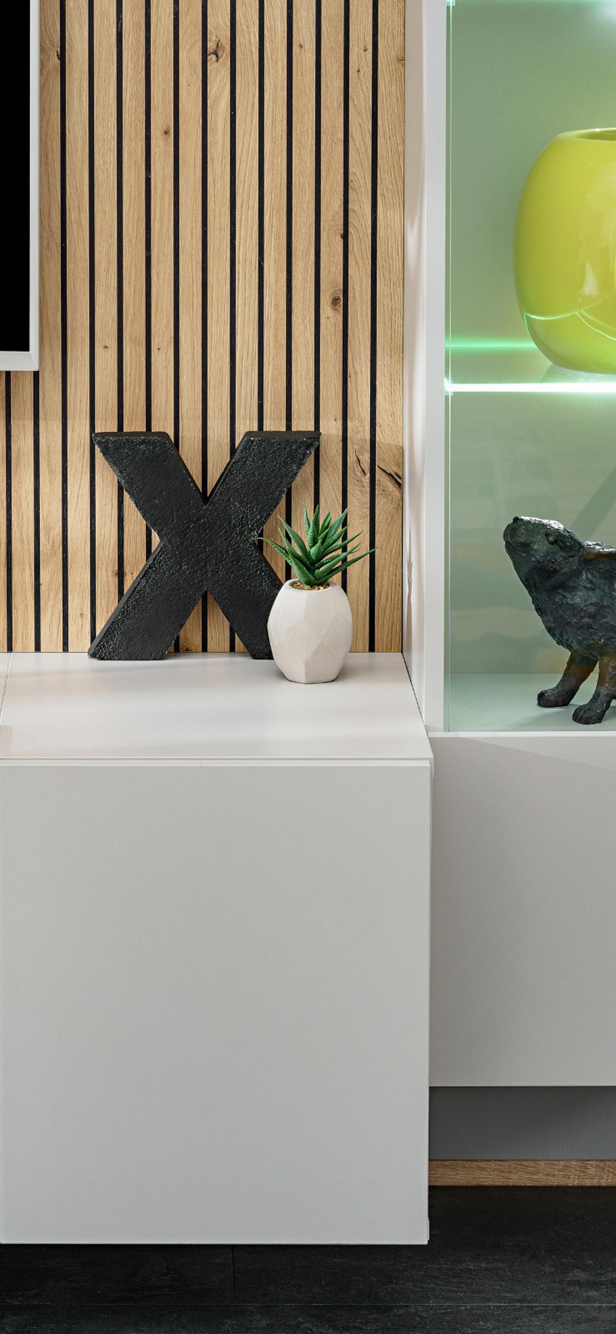 WOHNWAND Lehm-Grau, Eiche Artisan 200 cm, Schrankwand inklusive LED Beleuchtung, Wandpaneel, Push-to-Open - Hellgrau/Eiche Artisan, Glas/Holzwerkstoff (200/148/35cm) - Inn.Furn