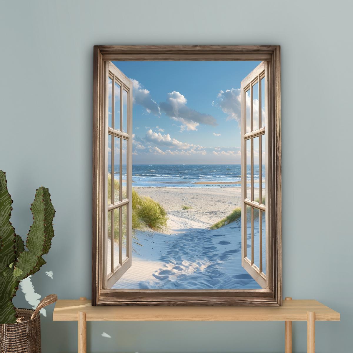 LEINWANDBILD Aussicht - Strand - Fenster - Dünen - Meer Wandbild Wohnzimmer 60x80 cm - Hellblau, Textil (60/80cm) - MuchoWow