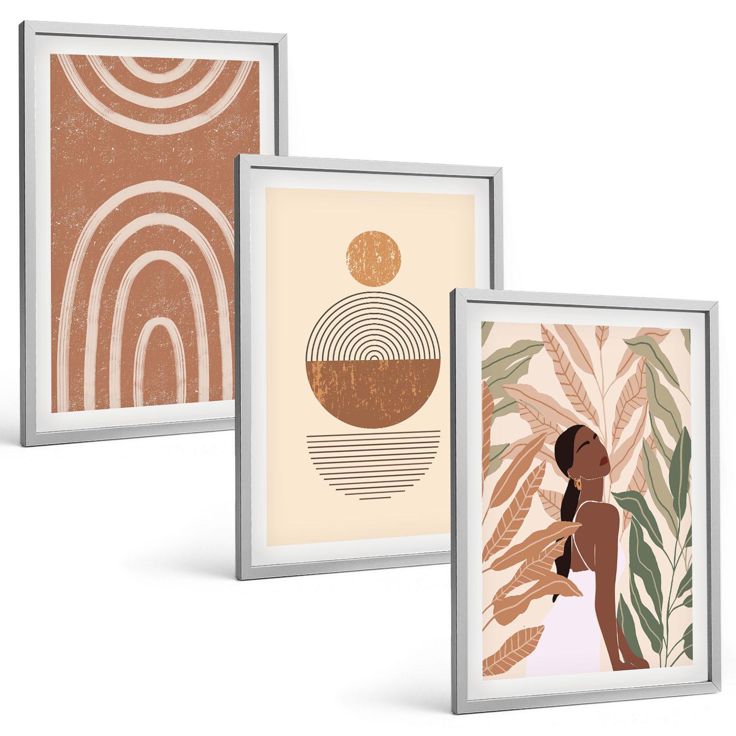 BILDER SET 3er Set - 40x60 cm Silberner Rahmen - Stilvolle Pflanzenmuster und Geometrie - Silberfarben, Kunststoff (40/60cm) - TULUP