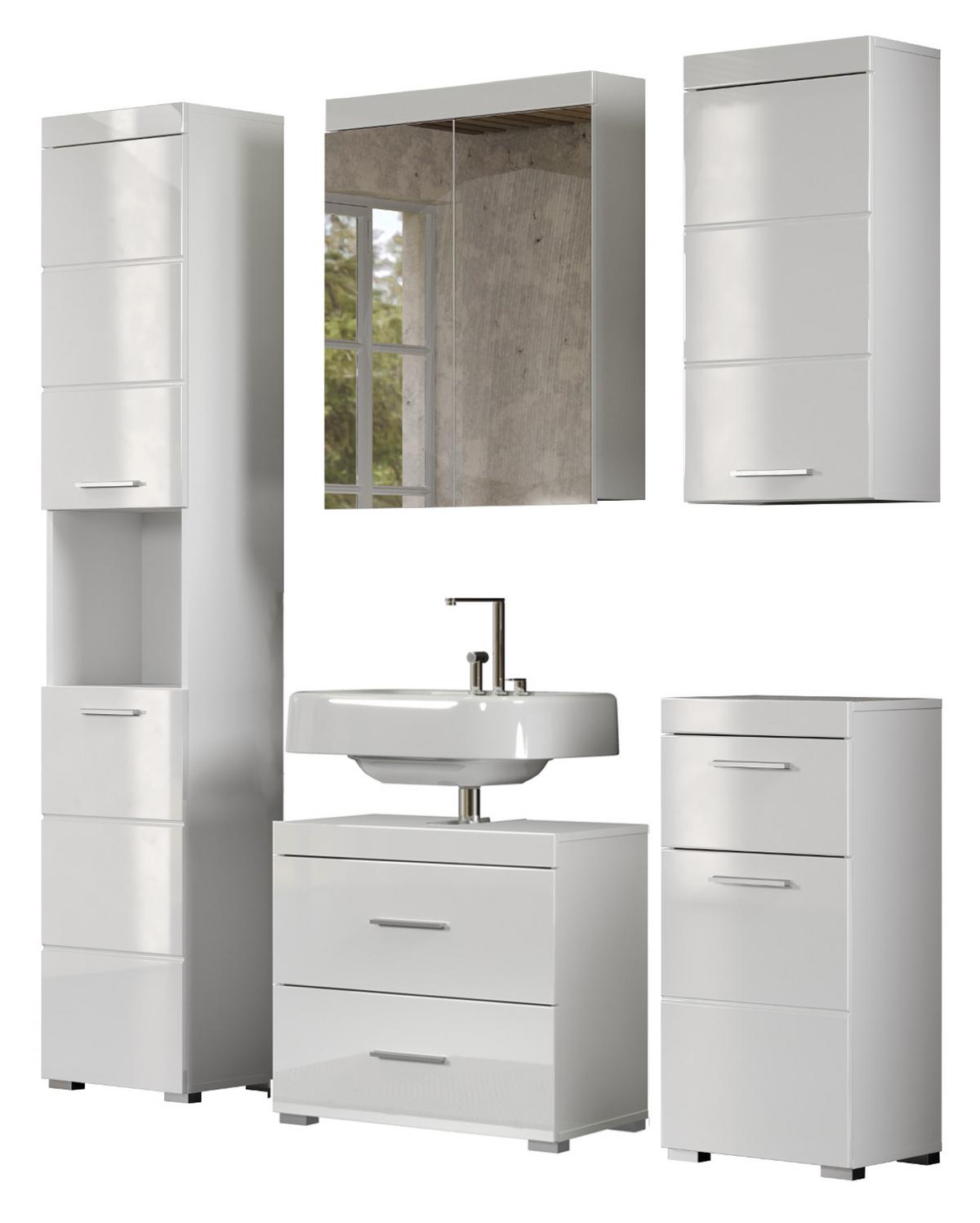 BADMÖBEL-SET weiß Hochglanz 5-teilig 163 x 190 cm, moderne Badezimmer-Schränke - Weiß Hochglanz/Alufarben, Glas/Holzwerkstoff (163/190/34cm) - Top.Furn