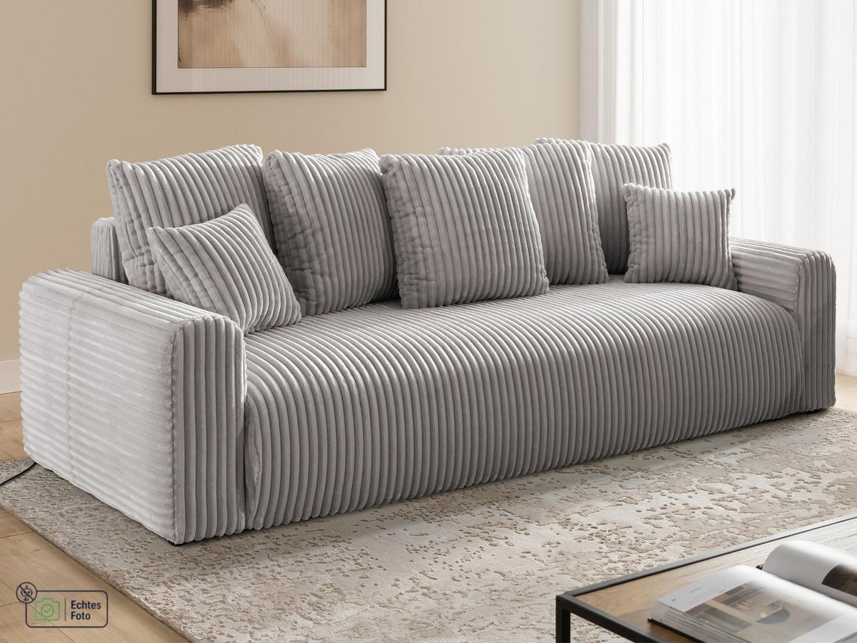 SCHLAFSOFA Calma mit Bettkasten im Bumpy-Design aus weichem Hellgrau Plüschcord - Hellgrau/Schwarz, Holz/Kunststoff (239/88/98cm) - S-Style