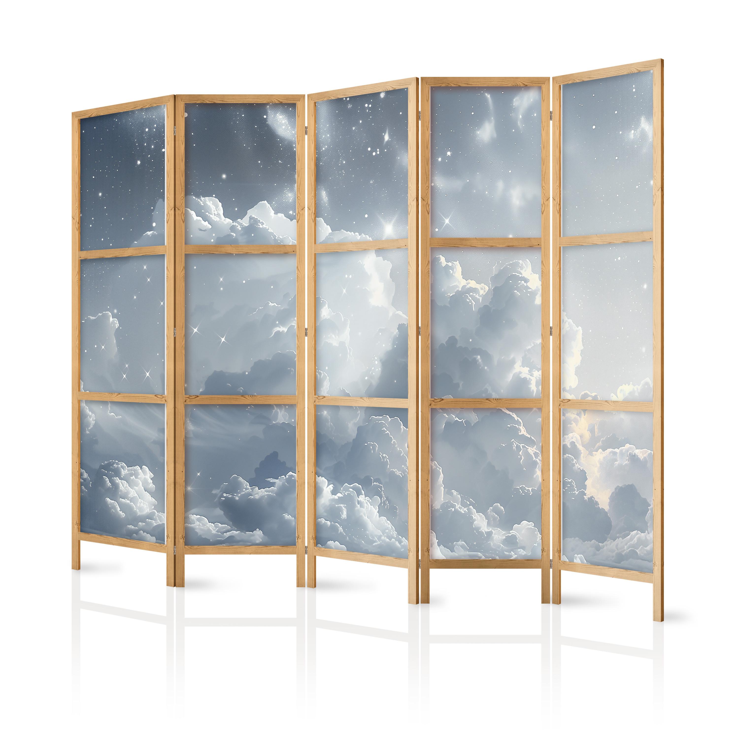 PARAVENT Japanischer 5-tlg 225x172 cm Wolken Sterne - Grau, Holz/Textil (225/172/3cm) - Muralo