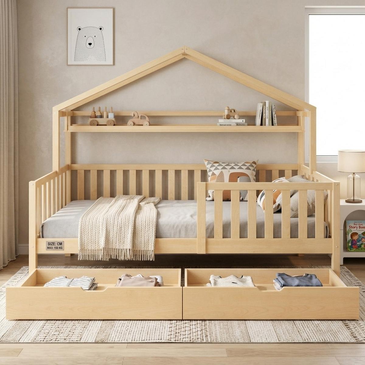 KINDERBETT HAUSBETT 90x200 massivholz in natur mit 2 schubladen - Naturfarben, Holz (90/200cm) - Urban Meuble