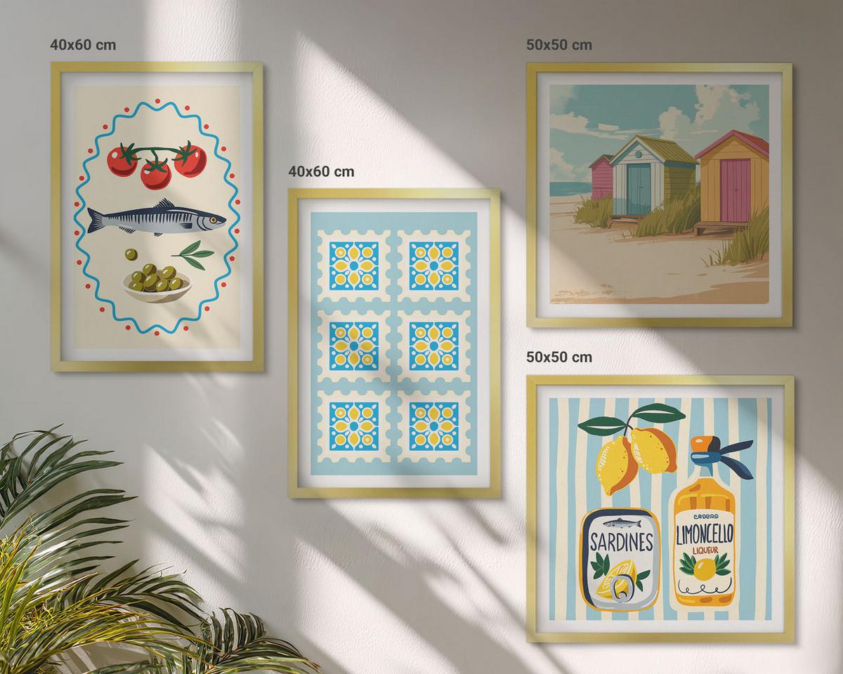 BILDER SET 4er Set - 50x50 cm & 40x60 cm Goldrahmen - Illustrationen der mediterranen Küche - Goldfarben, Kunststoff (50/50cm) - TULUP