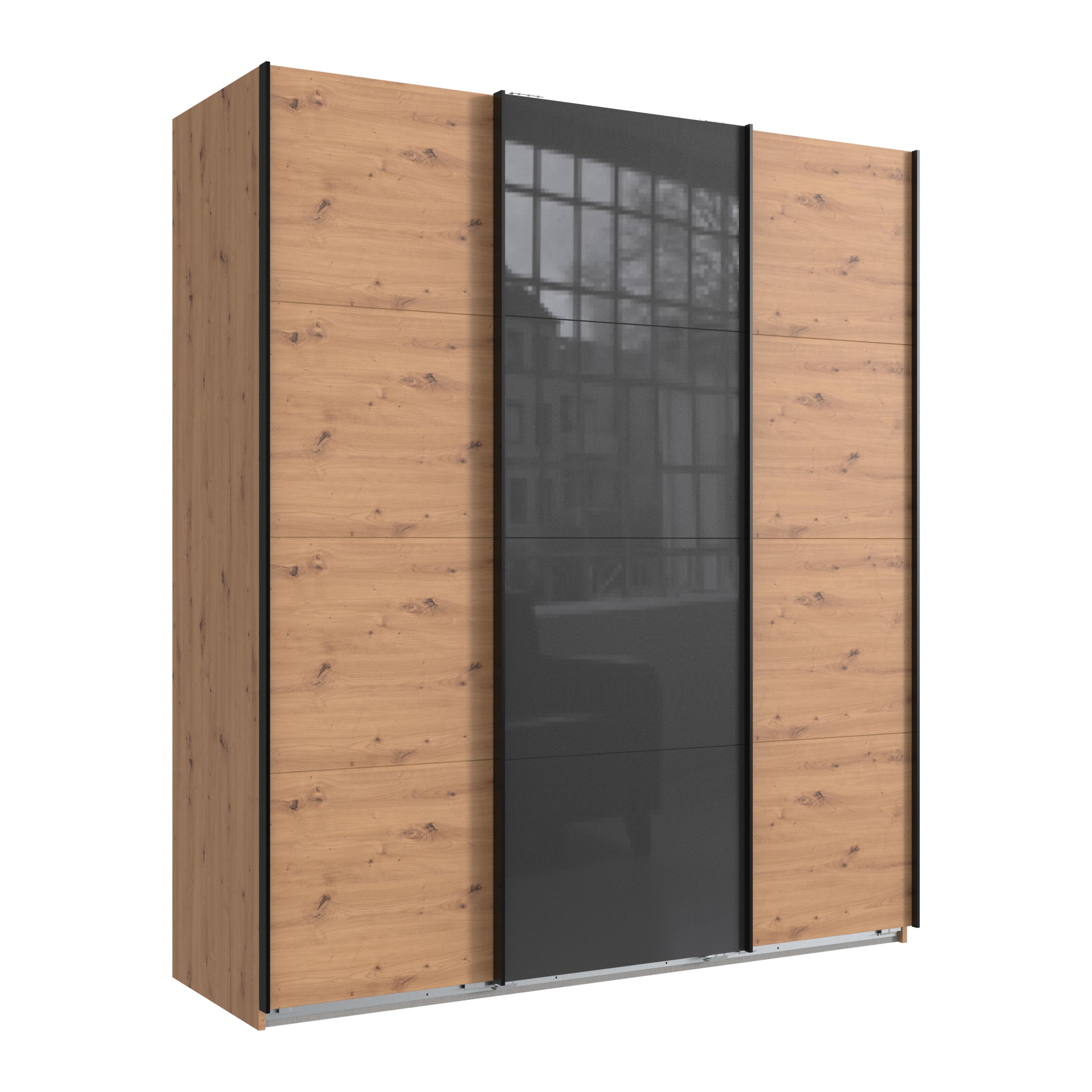SCHWEBETÜRENSCHRANK 3-türig B180/H208/T64 cm in Eiche Artisan Dekor, Kleiderschrank mit einer Glasfront-Tür in Grau / 22517 - Eichefarben/Braun, Holzwerkstoff/Metall (180/208/64cm) - luma-home