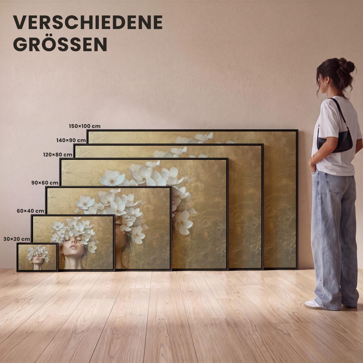LEINWAND Bilder mit Rahmen - Gesicht - Blumen - Gold - Abstrakt - 140x90 - Goldfarben, Textil (140/90cm) - MuchoWow