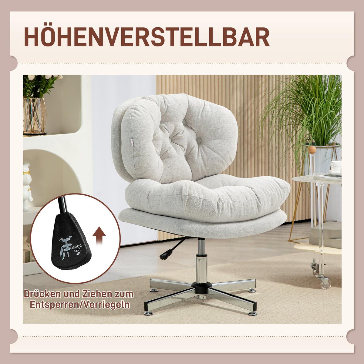 BÜROSTUHL, Gepolsterter Schneidersitz-Stuhl mit Leinenoptik, Cremeweiß - Silberfarben/Creme, Textil/Metall (65/94/65cm) - HOMCOM