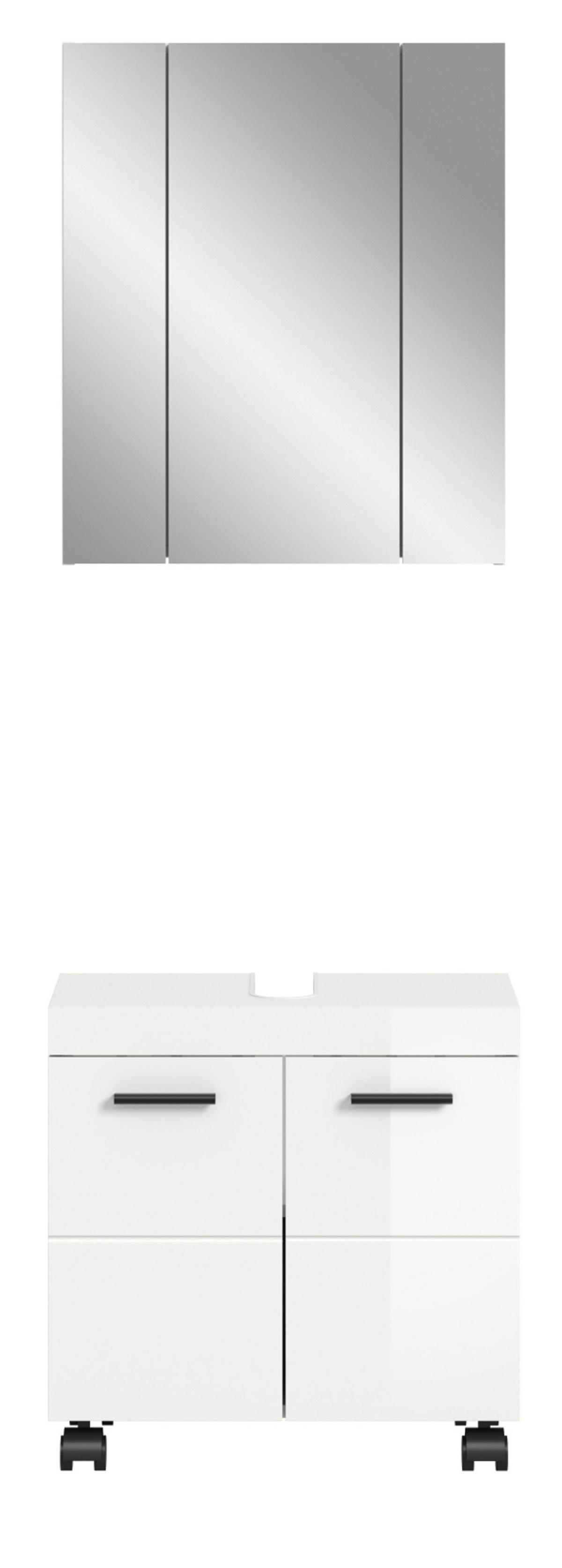 BADMÖBEL-SET weiß Hochglanz 2-teilig 60 cm, Badkombination auf Rollen - Weiß Hochglanz/Schwarz, Glas/Holzwerkstoff (60/191/30cm) - Inn.Furn