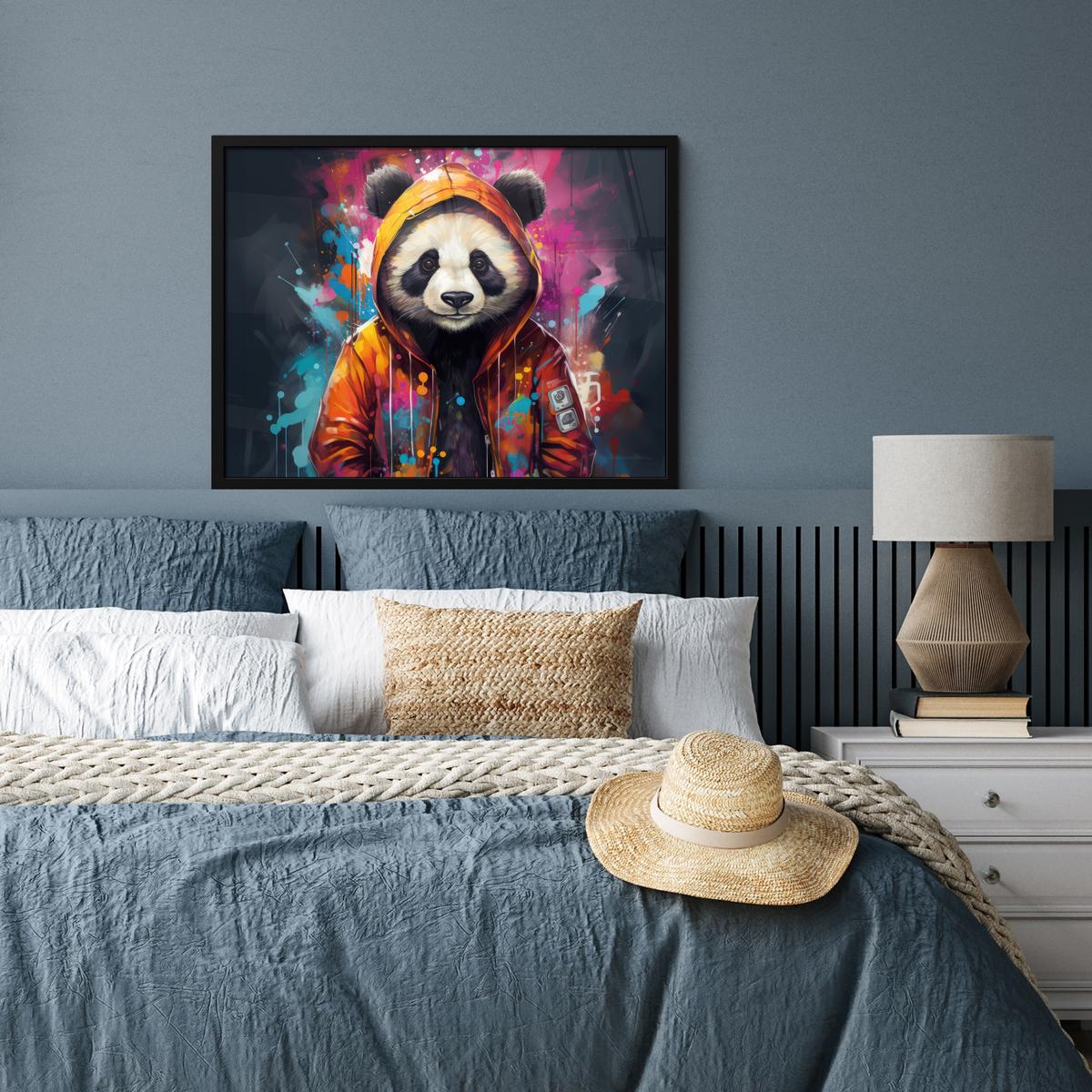 POSTER MIT RAHMENGERAHMTES BILD Panda - Jacke - Graffiti - Orange 80x60 cm - Orange, Papier (80/60cm) - MuchoWow