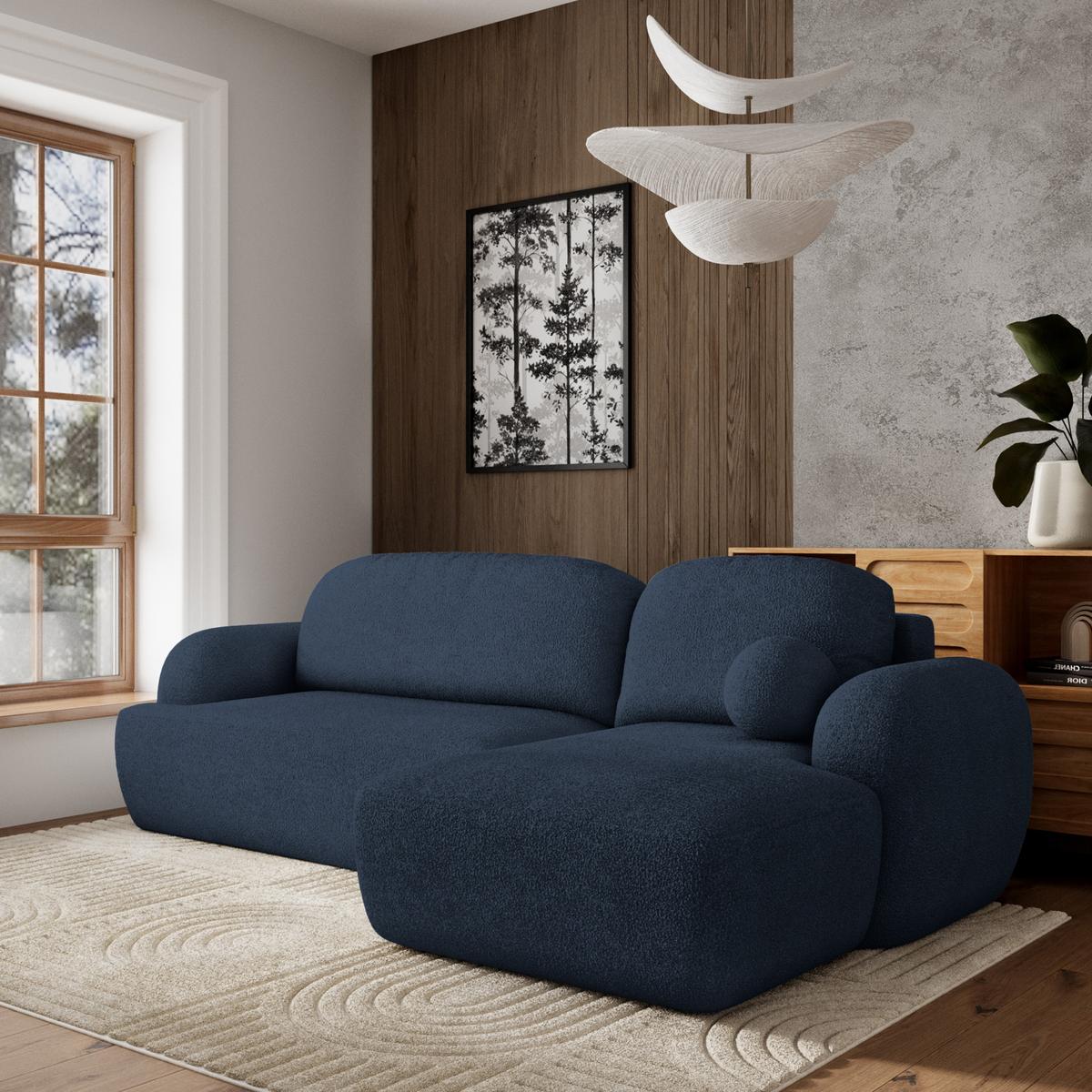 ECKSOFA MODENZA N R-S Blau Boucle-Stoff mit Schlaffunktion - Blau/Schwarz, Holz/Kunststoff (266/148cm) - MASSENO
