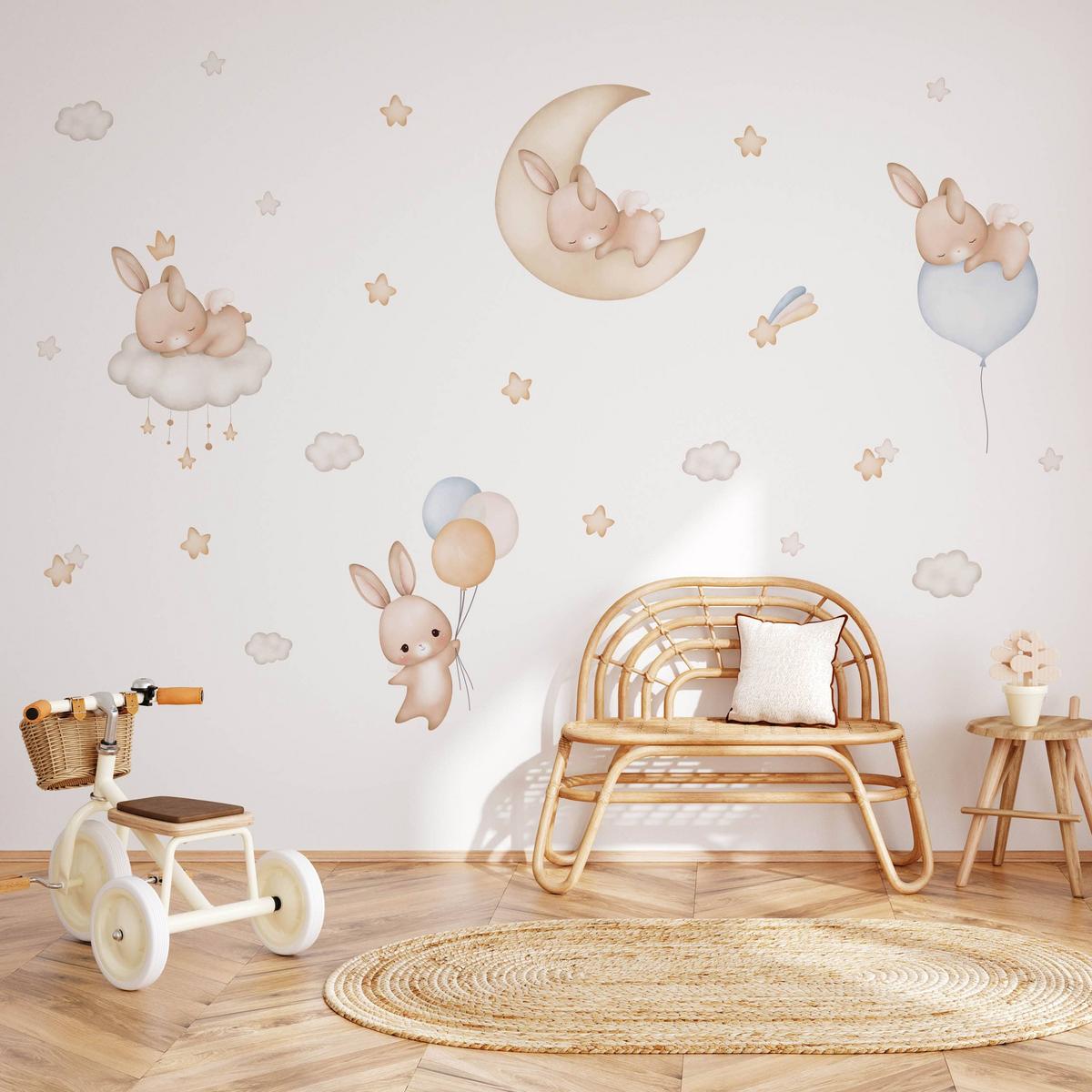 WANDSTICKER Kaninchen Wolken Sterne Ballons 120x60 - Gelb/Beige, Papier (120/60/1cm) - Muralo