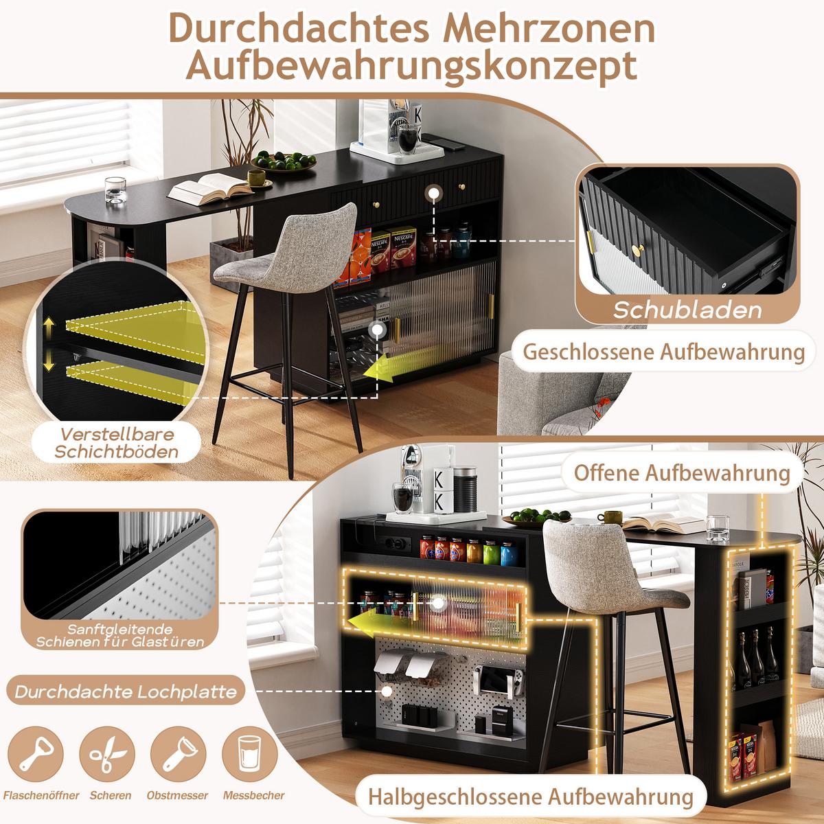 BARTISCH schwarz mit 360° drehbarem sideboard & led-beleuchtung - Schwarz, Holzwerkstoff (50/120/95.5cm) - Urban Meuble
