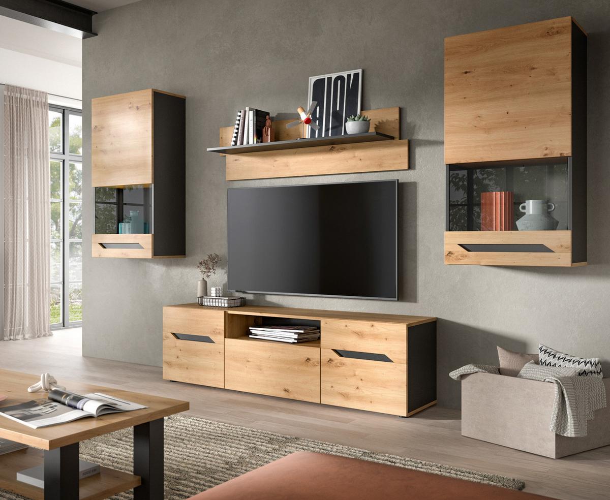 WOHNWAND Eiche Artisan und Grau, Set mit 2x Vitrine hängend / stehend, Breite 260 cm - Dunkelgrau/Schwarz, Glas/Holzwerkstoff (354/196/40cm) - Inn.Furn