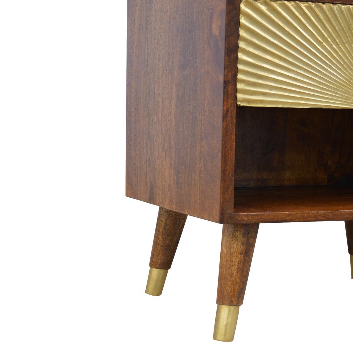 NACHTTISCH aus Massivholz, 1 Schublade, 1 Offenes Fach, Nordische Beine, Braun und Goldfarben - Messingfarben/Braun, Holz/Metall (45/58/35cm) - Artisan Furniture