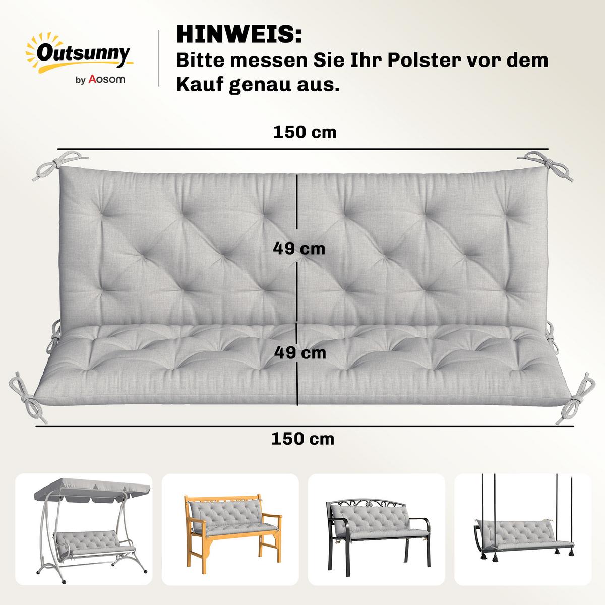 3 Sitzer Bankauflage 150x98x8 cm Bankkissen mit Bändern, Sitzkissen Stuhlkissen - Hellgrau, Kunststoff (98/8/150cm) - Outsunny