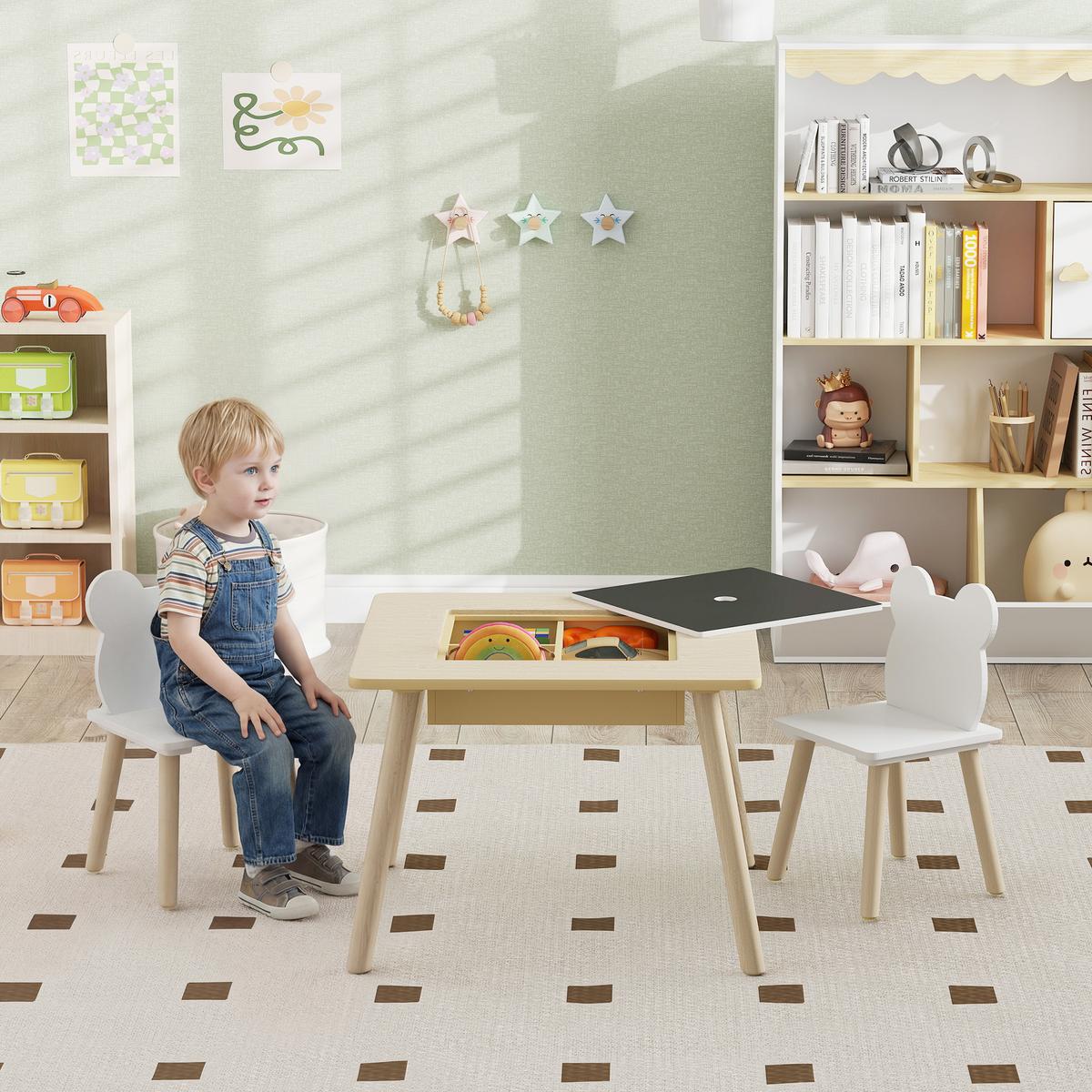 KINDER-TISCH-STUHL-SET 3er Set MDF Naturholz - Weiß/Naturfarben, Holz/Holzwerkstoff (60/44/60cm) - AIYAPLAY