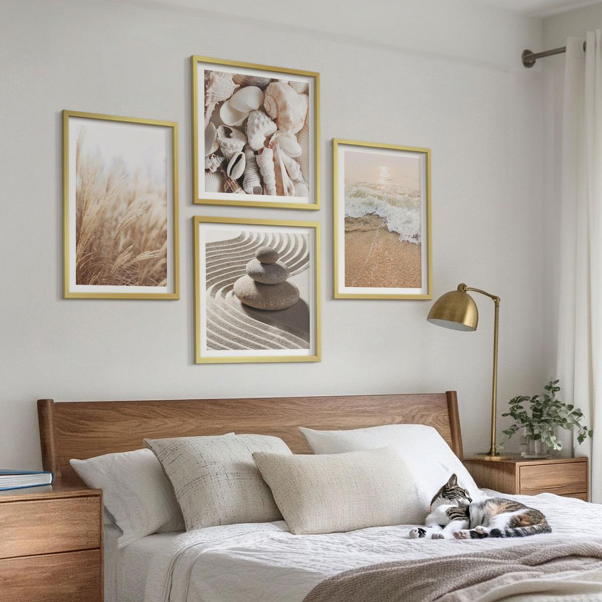 BILDER SET 4er Set - 50x50 cm & 40x60 cm Goldrahmen - Strandmotive, Muscheln, Wellen - Goldfarben, Kunststoff (50/50cm) - TULUP
