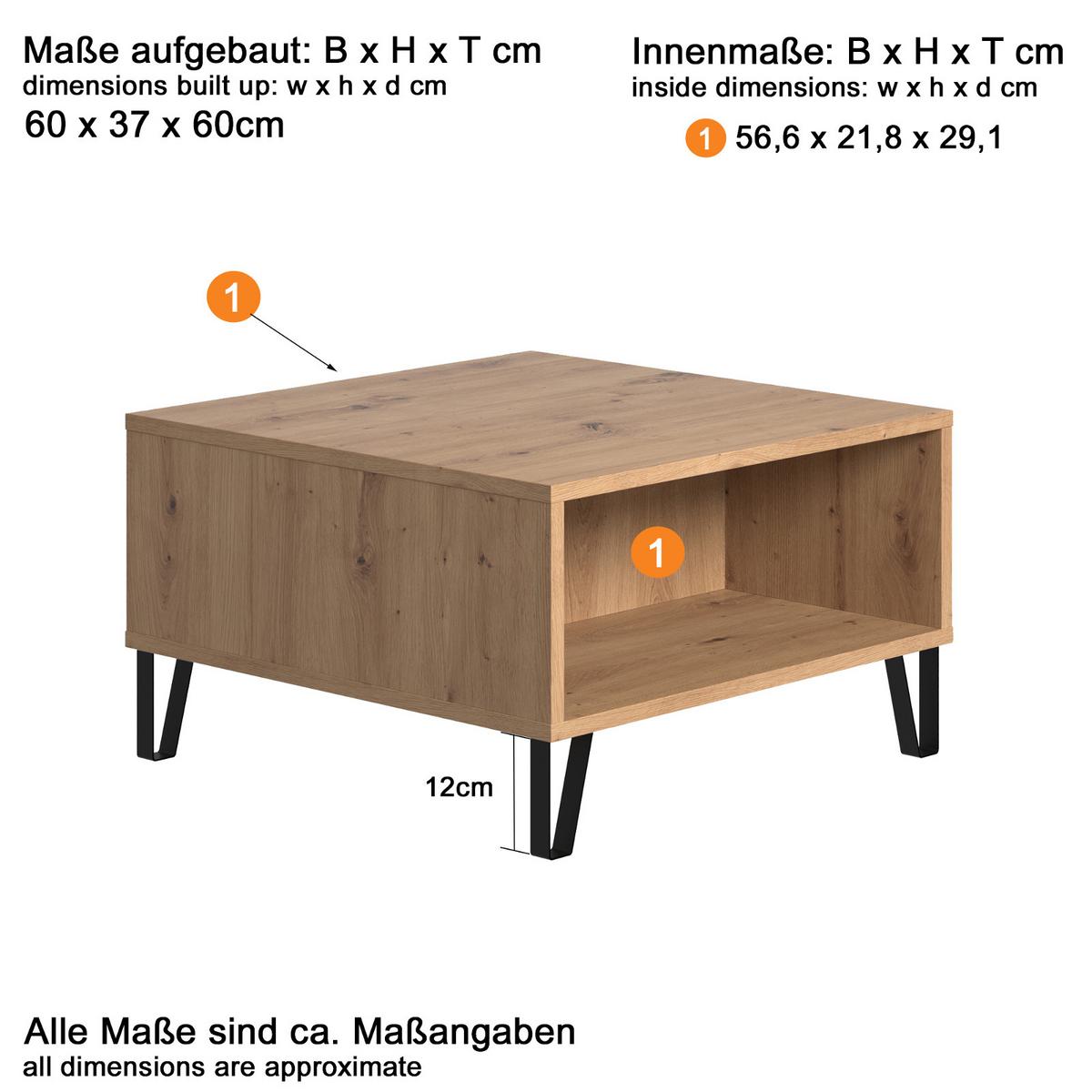 COUCHTISCH Eiche Artisan 60 x 60 cm quadratisch, Beistelltisch mit Ablage - Eichefarben/Schwarz, Holzwerkstoff/Metall (60/60/37cm) - Top.Furn