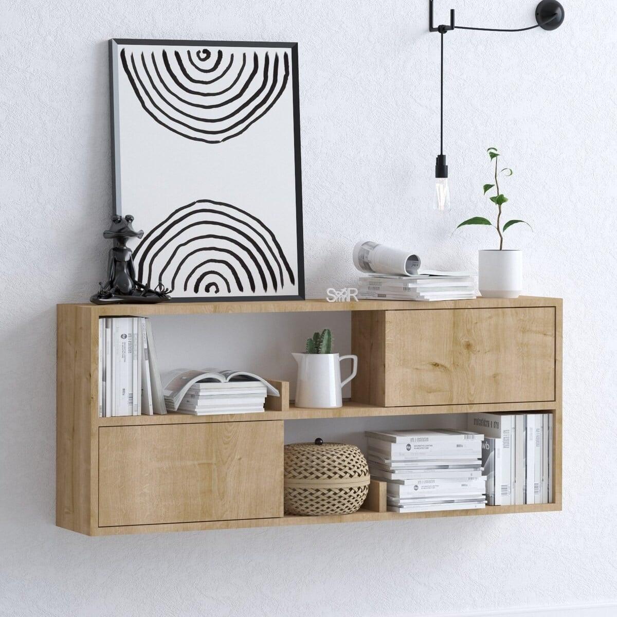 HÄNGEREGAL mit 2 Türen und 2 offenen Fächern Holzdekor Eiche lya 120/22/50 cm - Eschefarben, Holzwerkstoff (120/50/22cm) - Calicosy