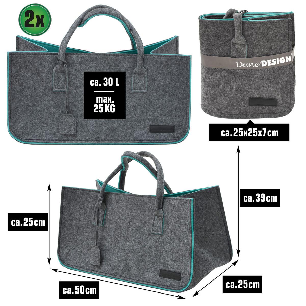 FILZTASCHE Kaminholzkorb - 2er Set - 50x25x25cm - Shopper Einkaufstasche - Grau, Kunststoff (50/25/25cm) - Dunedesign