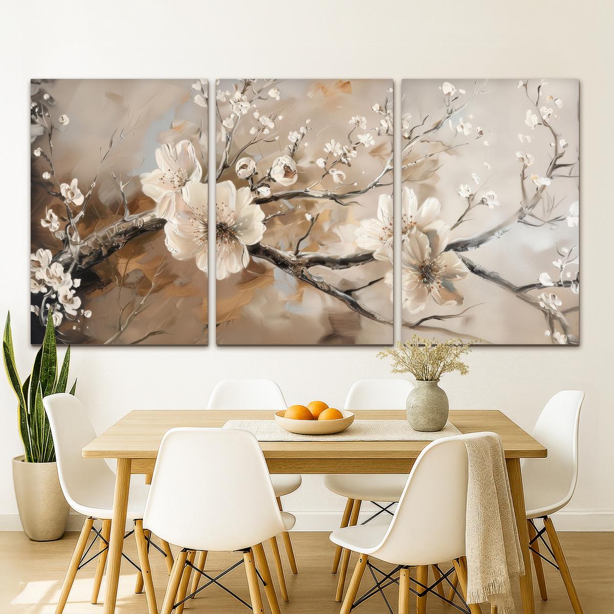 LEINWANDBILD 3er Set Blüte - Beige - Abstrakt - Blumen 240x120 cm - Hellbraun, Textil (240/120cm) - MuchoWow