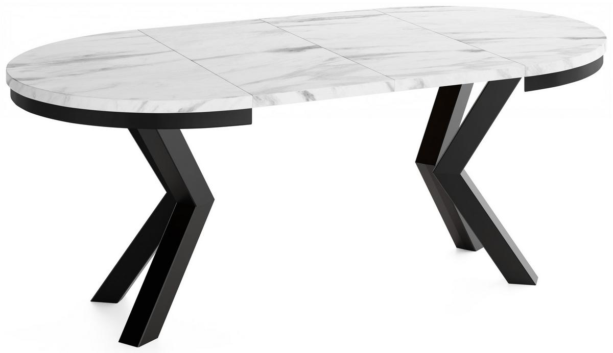 ESSTISCH Clara runder ausziehbarer, Marmor Weiß 120-200/120/76 cm - Ecru/Schwarz, Holzwerkstoff/Metall (120/200/76cm) - WFL GROUP