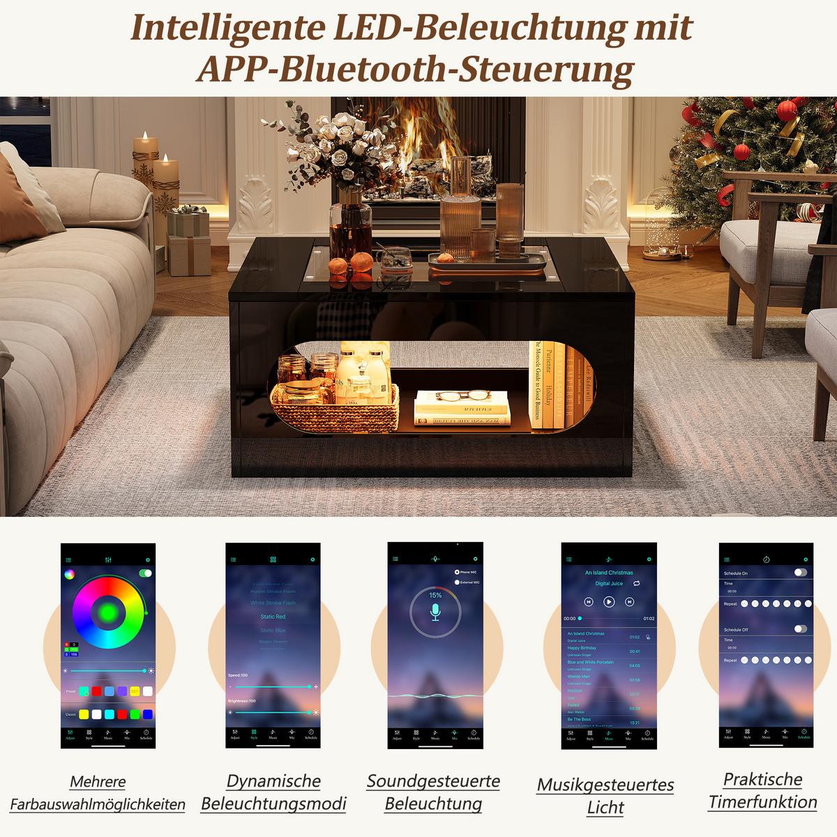 COUCHTISCH in Schwarz-Hochglanz mit LED-Beleuchtung und Glasplatte - Weiß, Holzwerkstoff (70/70/35cm) - Urban Meuble