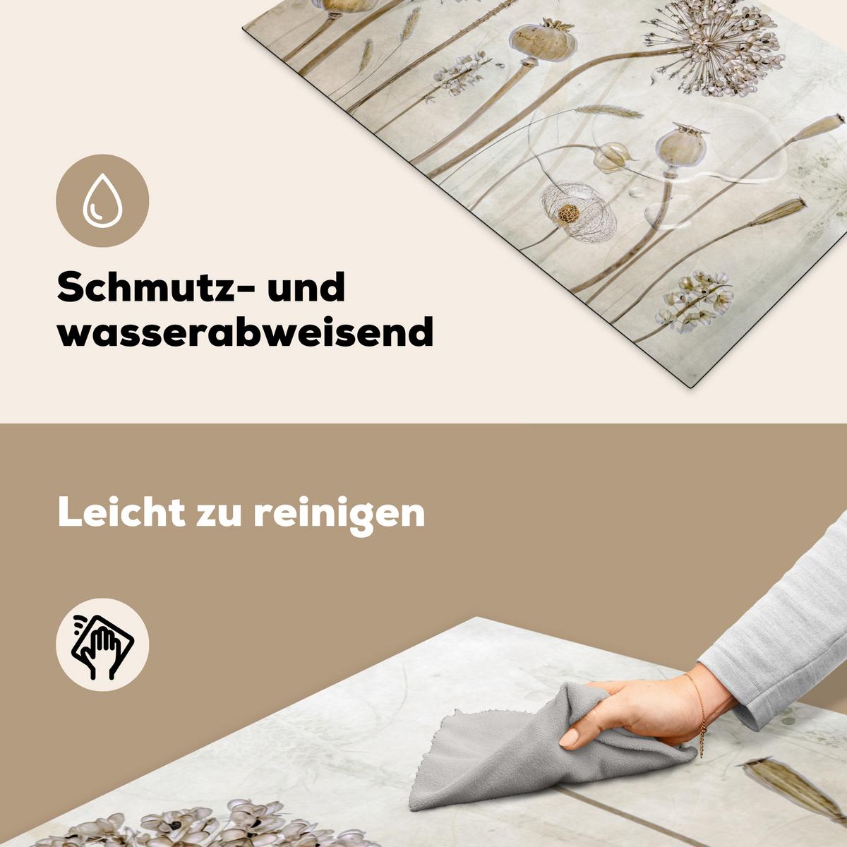 HERDABDECKPLATTE Blumen - Aquarell - Stilleben - Braun - Vintage Ceranfeldabdeckung 85x52 cm - Sandfarben, Kunststoff (85/52/0.2cm) - MuchoWow