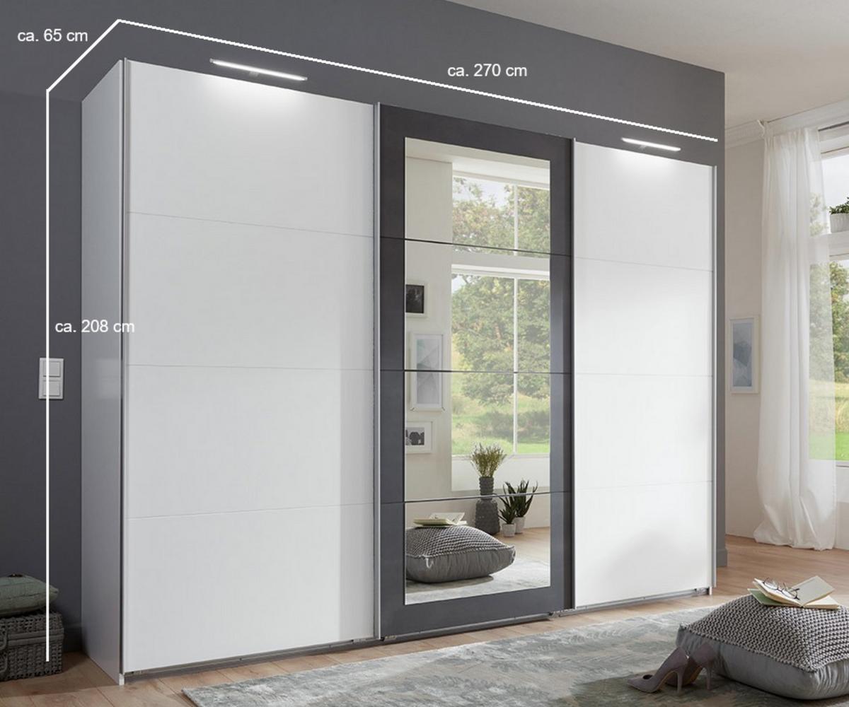 SCHWEBETÜRENSCHRANK 3-türig B270/H208/T65 cm, Kleiderschrank in Weiß mit Absetzungen in grauer Stahl-Optik / 22001 - Alufarben/Schwarz, Holzwerkstoff/Metall (270/208/65cm) - luma-home