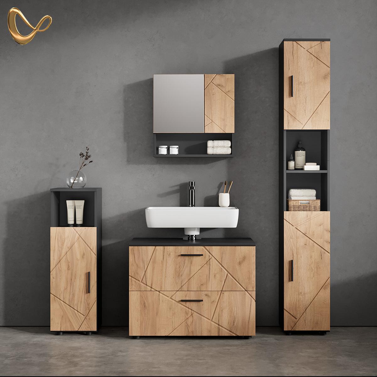 BADMÖBEL-SET Ronco Goldkraft Eiche/Anthrazit 4 Teile, mit Schubladenschrank und Hochschrank - Honigeiche/Anthrazit, Holzwerkstoff (80/58/41cm) - Livinity®