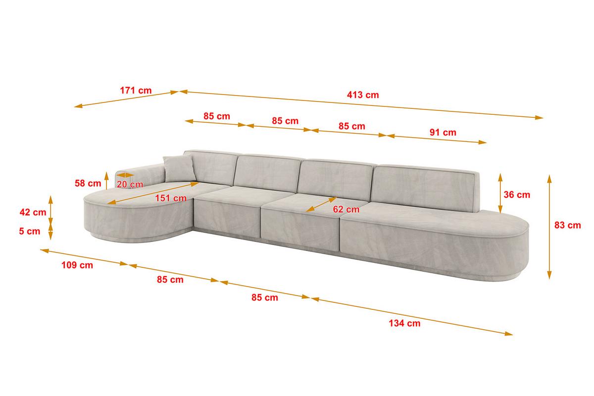 ECKSOFA Ottomane Links MARI-L3-v3 - 413x171x83 cm Hellbraun Velours - Hellbraun/Schwarz, Holzwerkstoff/Kunststoff (413/171cm) - ALTDECOR