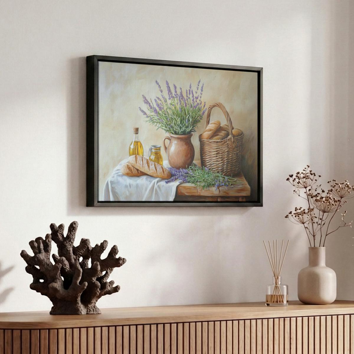LEINWAND Bilder mit Rahmen - Lavendel - Brot - Stilleben - 30x20 - Flieder, Textil (30/20cm) - MuchoWow