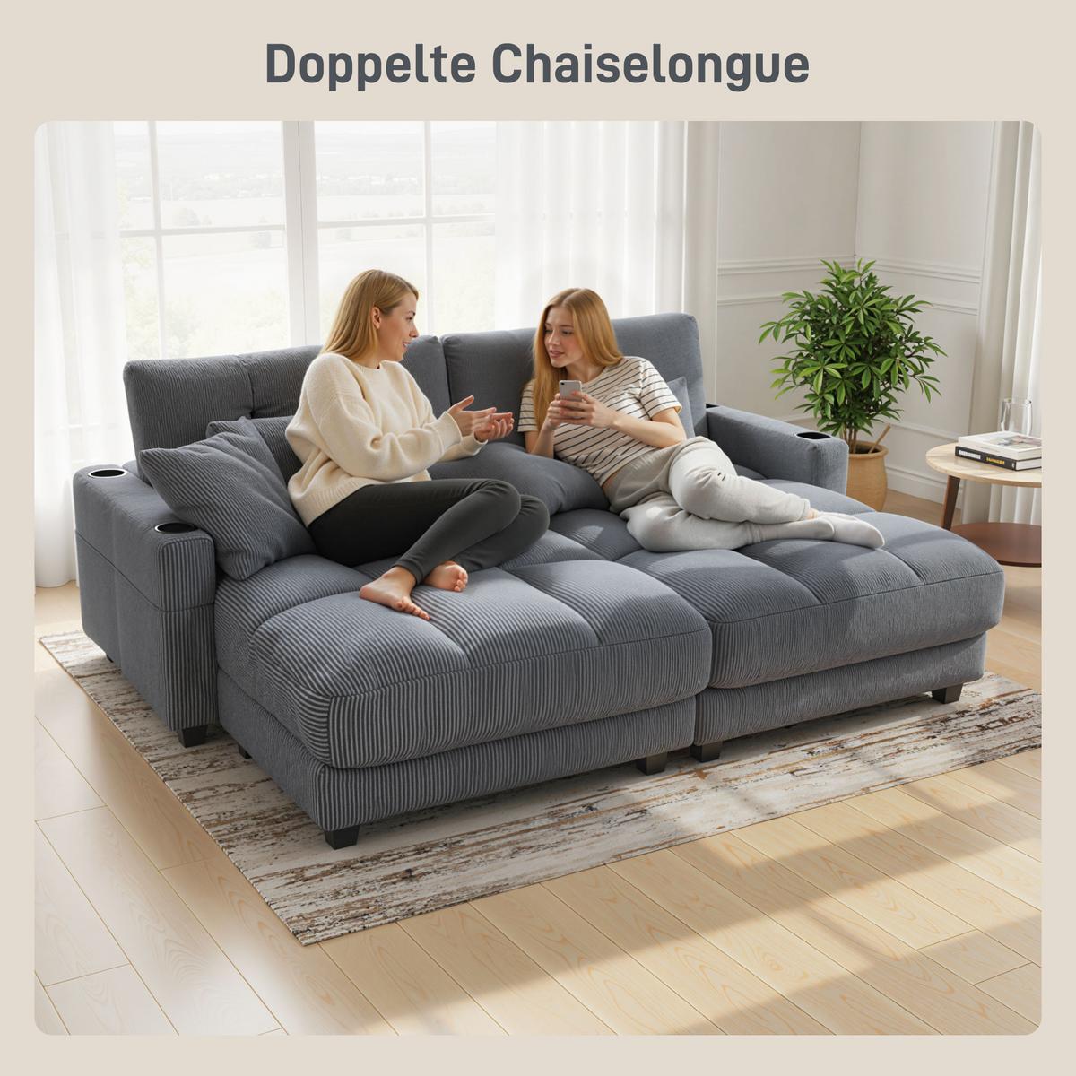 CHAISELONGUE 2 Sitzer Schlafsofa 114 x 147 cm mit Becherhalter Dunkelgrau - Dunkelgrau/Schwarz, Kunststoff/Textil (114/86/147cm) - HOMCOM