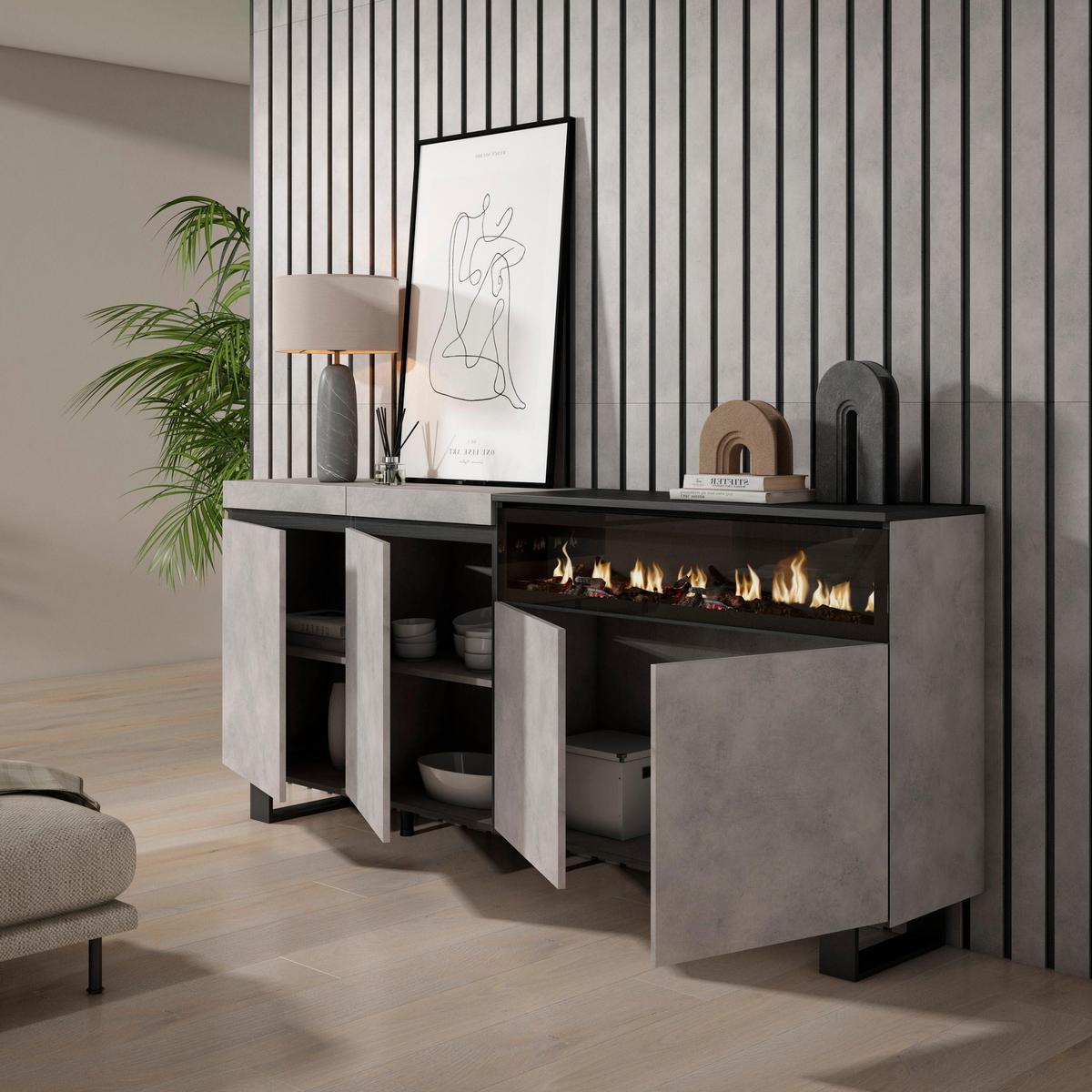 SIDEBOARD Elektrokamin, zementgrau, 200/35/87cm - Schwarz/Grau, Holzwerkstoff (200/87/35cm) - Skraut Home
