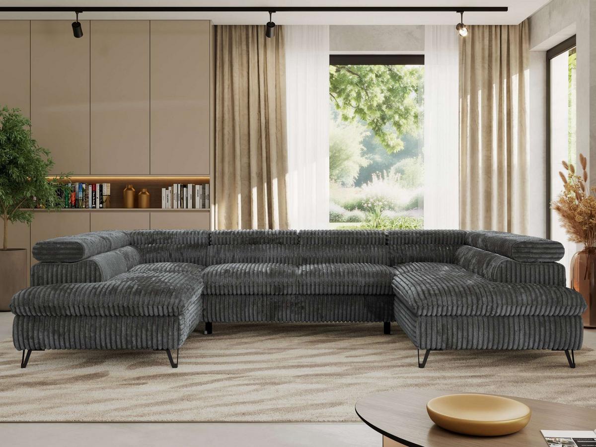 WOHNLANDSCHAFT PABLO U Cord Grau mit Topper Visco - Dunkelgrau/Schwarz, Textil/Metall (346/76/208cm) - MKS