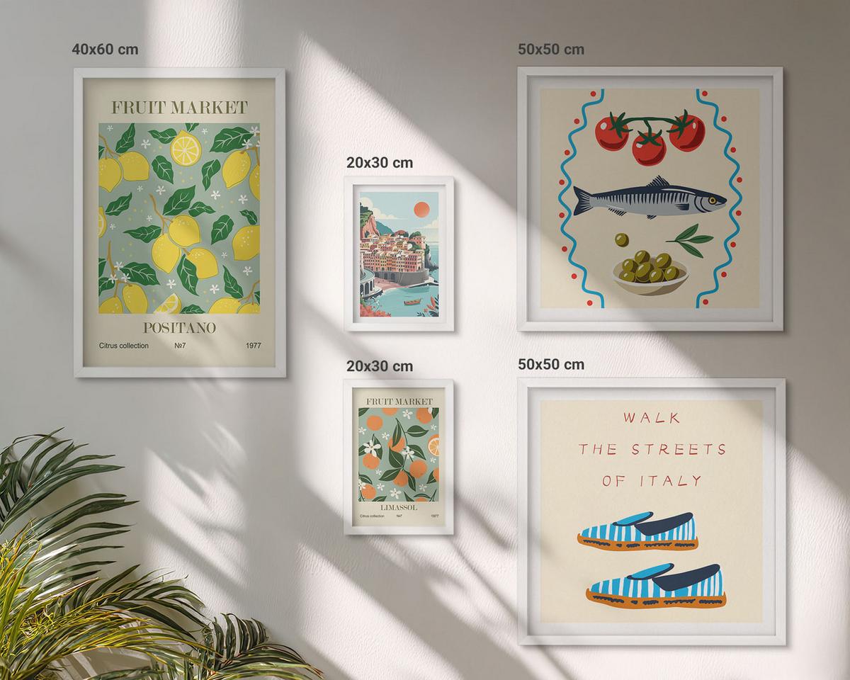 BILDER SET 5er Set - 50x50 cm & 20x30 cm & 40x60 cm Weißer Rahmen - Italienische Poster mit Fruchtmotiven - Weiß, Kunststoff (40/60cm) - TULUP