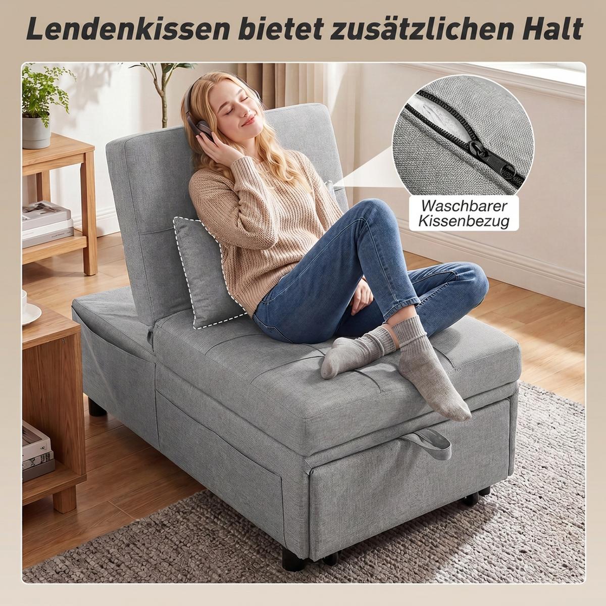 SCHLAFSESSEL Leinenoptik 100 Polyester Hellgrau - Hellgrau/Schwarz, Kunststoff/Textil (65.5/81/104cm) - HOMCOM