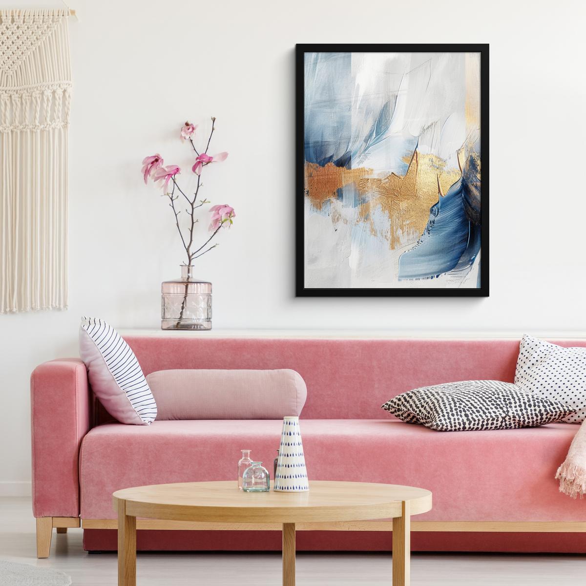 POSTER MIT RAHMEN Gold - Blau - Aquarell - Kunst - Modern Posterleiste 60x80 cm - Hellblau, Papier (60/80cm) - MuchoWow