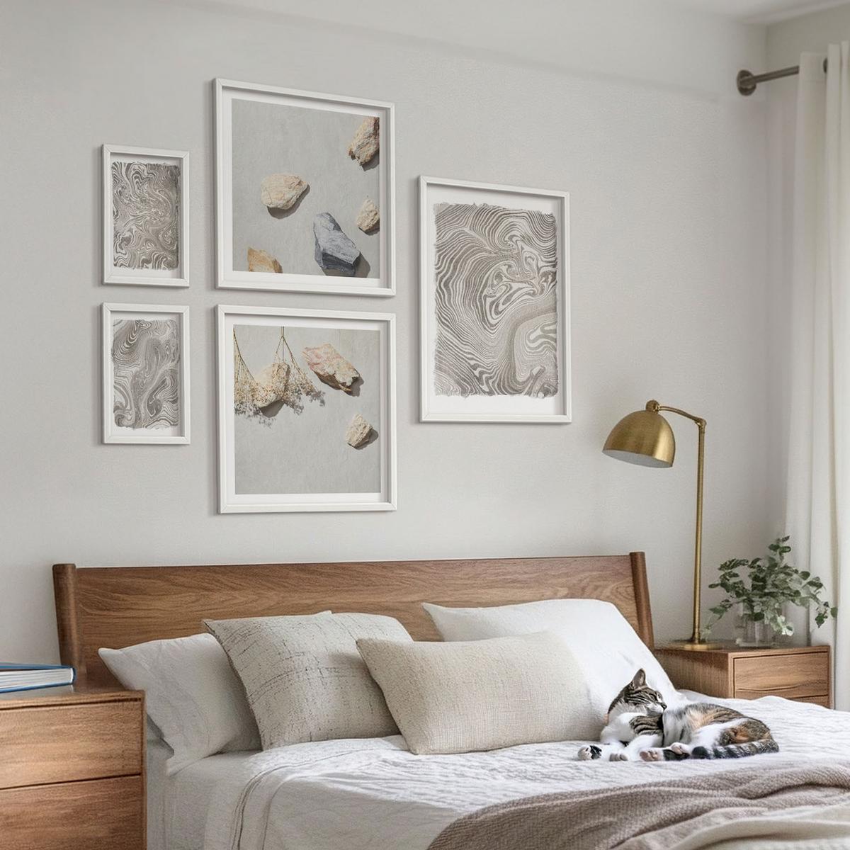 BILDER SET 5er Set - 50x50 cm & 20x30 cm & 40x60 cm Weißer Rahmen - Moderne abstrakte Formen - Weiß, Kunststoff (40/60cm) - TULUP