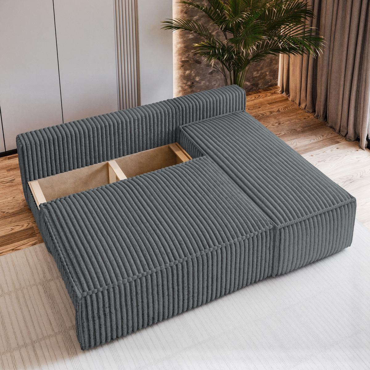 ECKSOFA BRISO T Grau Kordstoff mit Schlaffunktion - Dunkelgrau/Grau, Holz/Kunststoff (200/140cm) - MASSENO