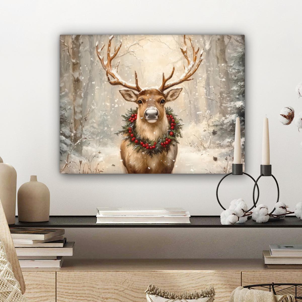LEINWANDBILD Weihnachten - Rentier - Winter - Kranz Wandbild 40x30 cm - Naturfarben, Textil (40/30cm) - MuchoWow