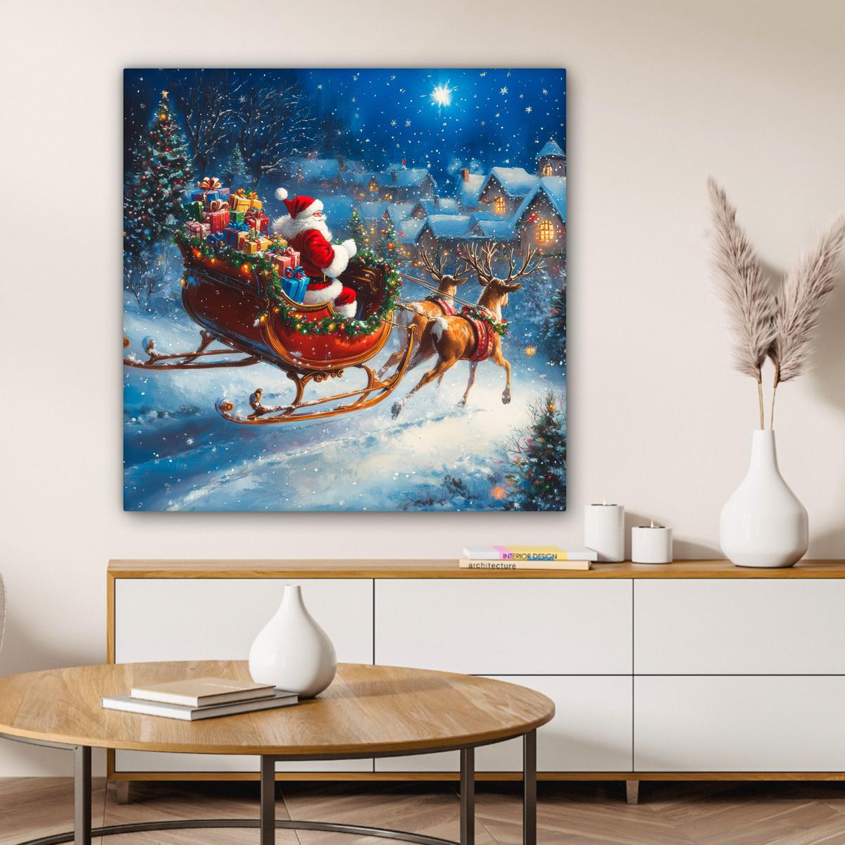 LEINWANDBILD Weihnachtsmann - Rentier - Weihnachten - Schnee Deko Groß 90x90 cm - Cognac, Textil (90/90cm) - MuchoWow