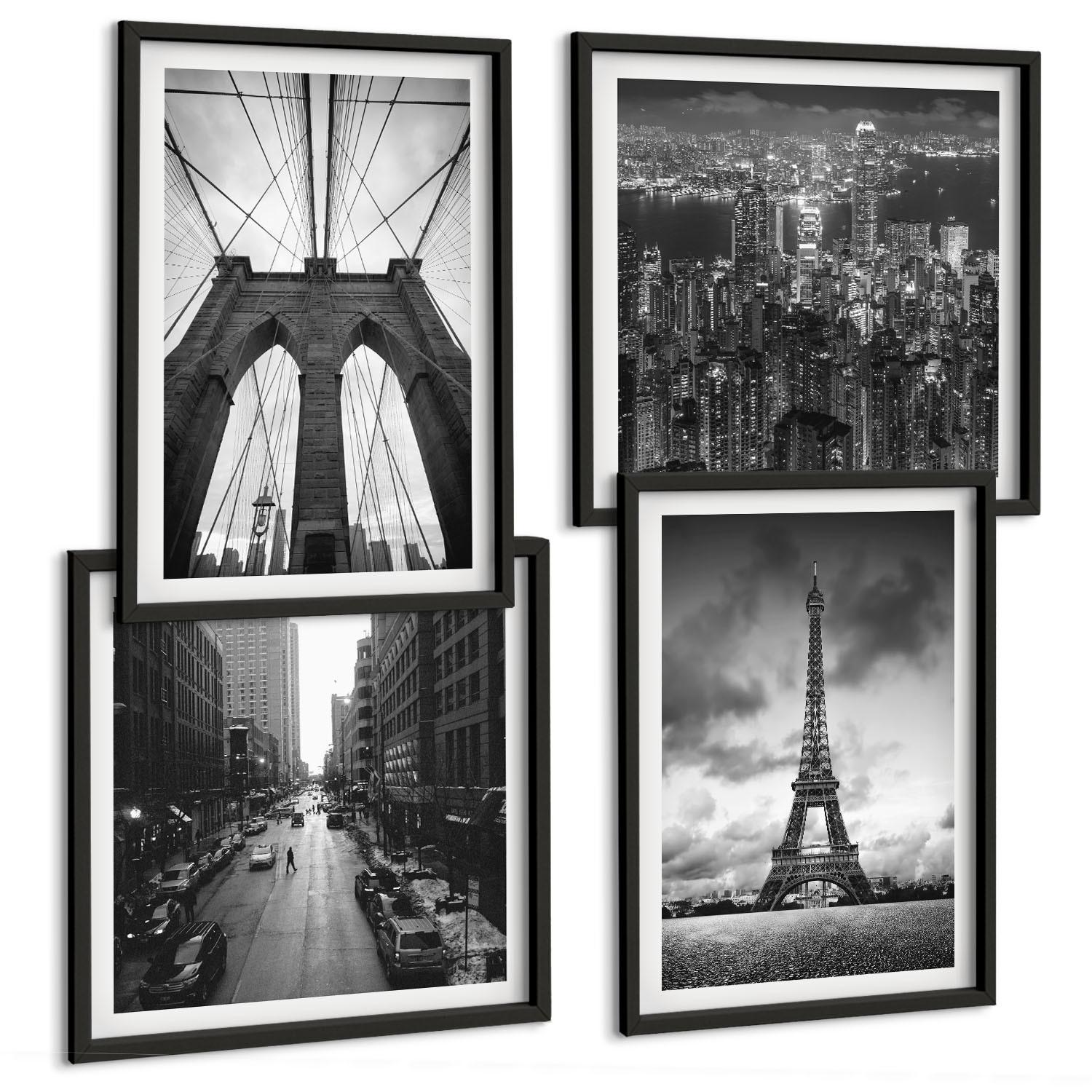 BILDER SET 4er Set - 50x50 cm & 40x60 cm Schwarzer Rahmen - Monochromatische Brückentürme - Schwarz, Kunststoff (50/50cm) - TULUP